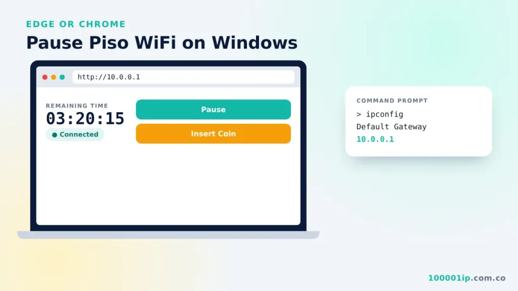 Windows laptop browser open at 10.0.0.1 showing pause time