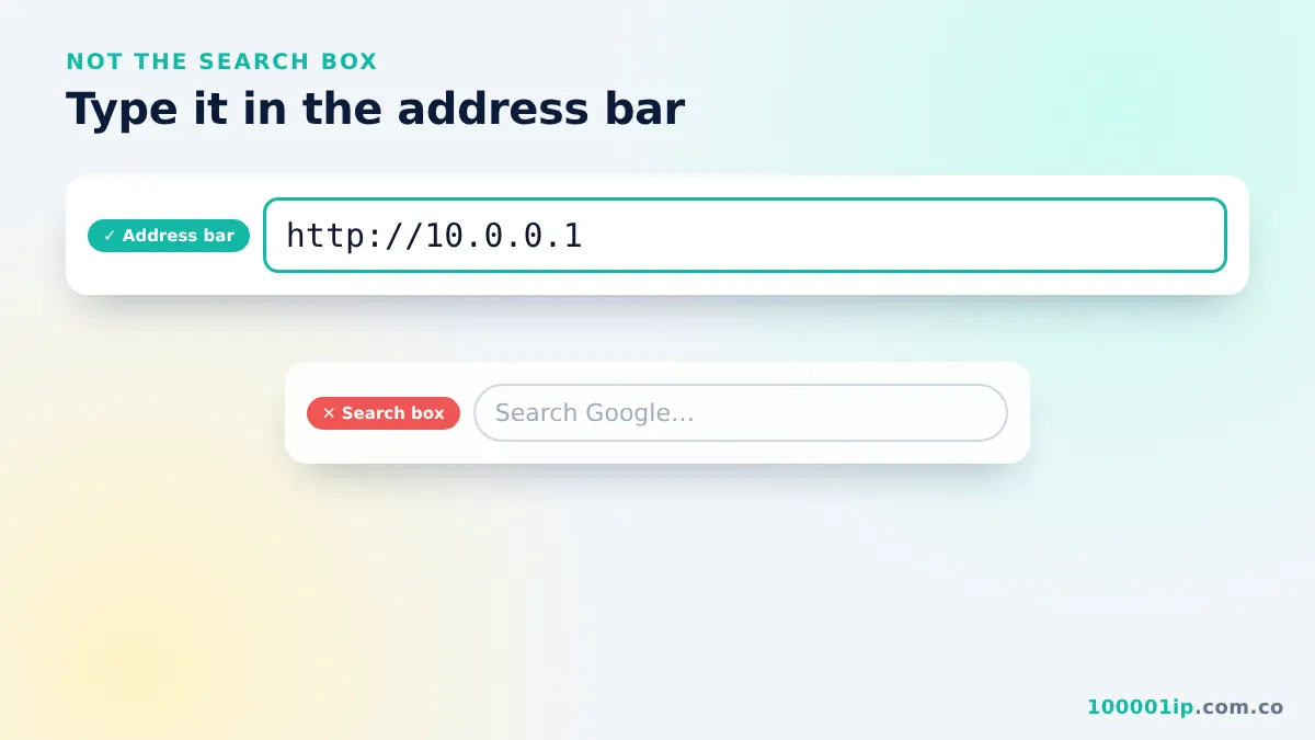 Address bar with http://10.0.0.1 typed to fix 10.0.0.1 not working