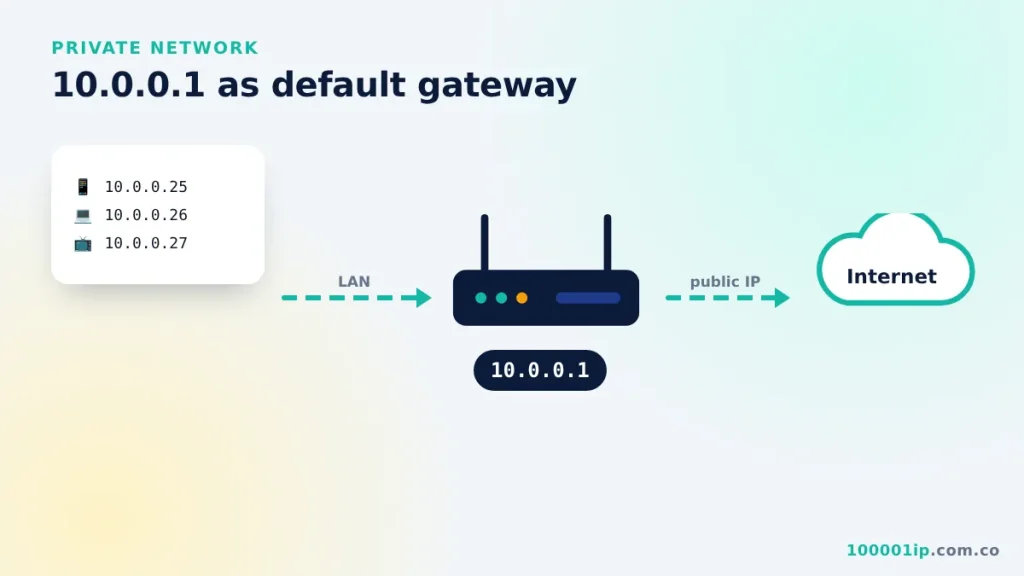 Network diagram of devices, gateway 10.0.0.1 and the internet